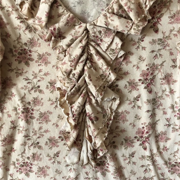 Lauren Jeans Co. Ruffle Neck Top Size S Long Sleeve Floral Cotton Old Money - Picture 6 of 14